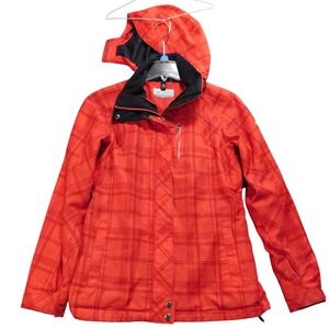 Columbia Omni-Heat Hooded Jacket Womens Small Orange Plaid Ski Snow XL7108